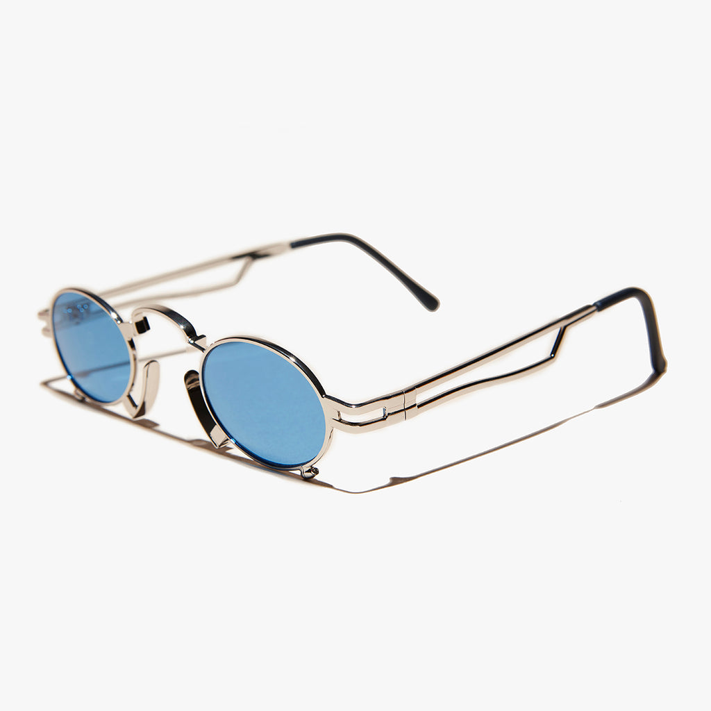 Small round silver sunglasses, silver frames blue lenses Victorian
